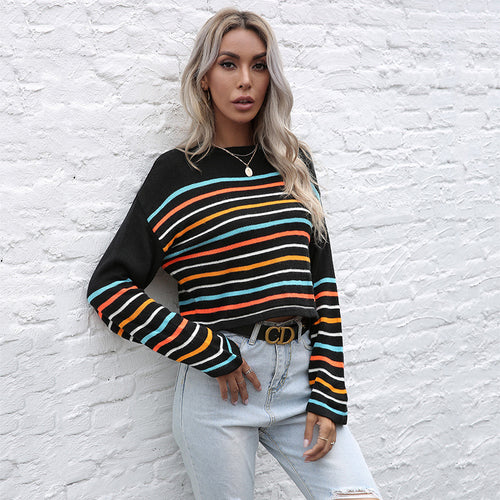 Damen Cropped Feinstrickpullover mit bunten Blockstreifen Shop Nory