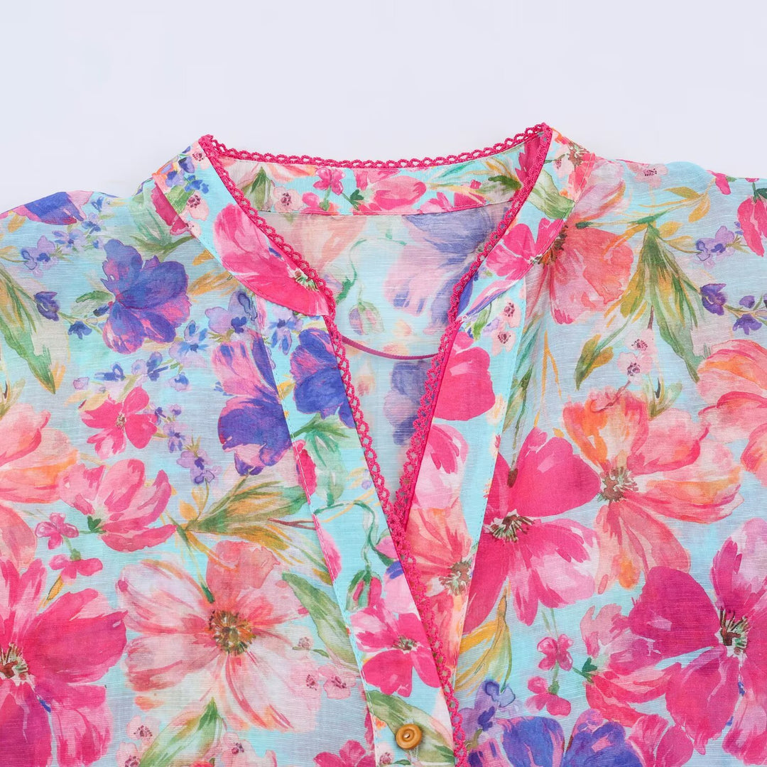 Damen Leichte Bluse im Aquarell-Floralmuster mit Stehkragen und dreiviertelärmeln Shop Nory