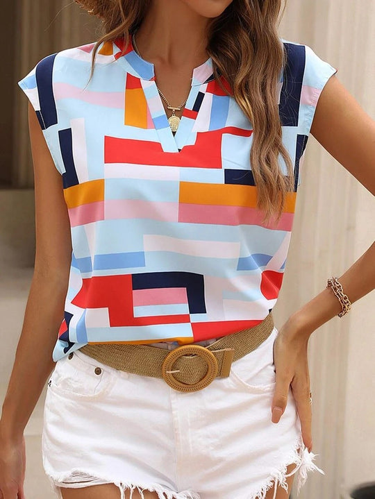 Damen Geometrische Chiffon‑Bluse mit kurzem Cap‑Ärmel und V‑Schlitz Shop Nory