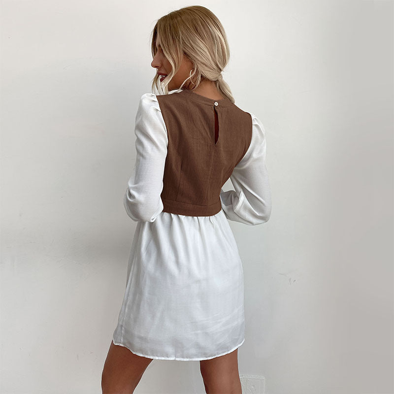 Damen Hemdblusenkleid mit eingesetzter kurzgeschnittener Weste, Puffärmeln und taillierter Silhouette Shop Nory