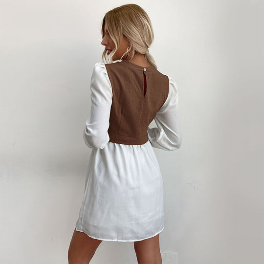Damen Hemdblusenkleid mit eingesetzter kurzgeschnittener Weste, Puffärmeln und taillierter Silhouette Shop Nory