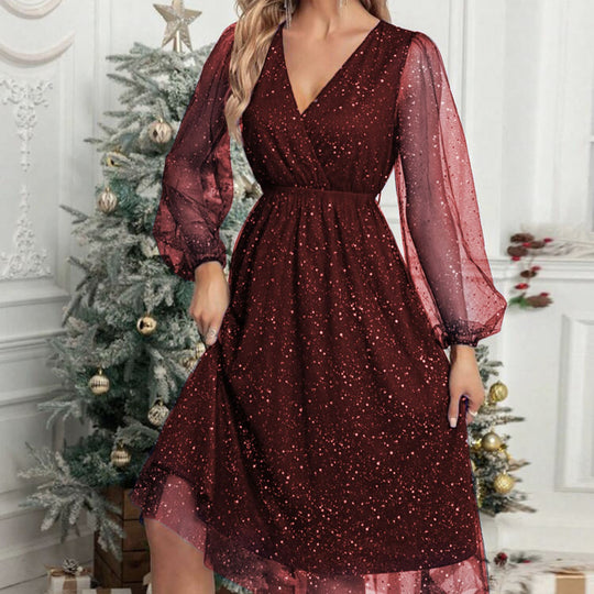 Damen Festliches Midikleid aus Glitzer‑Chiffon mit V‑Ausschnitt, tailliertem Gummibund und Ballonärmeln Shop Nory