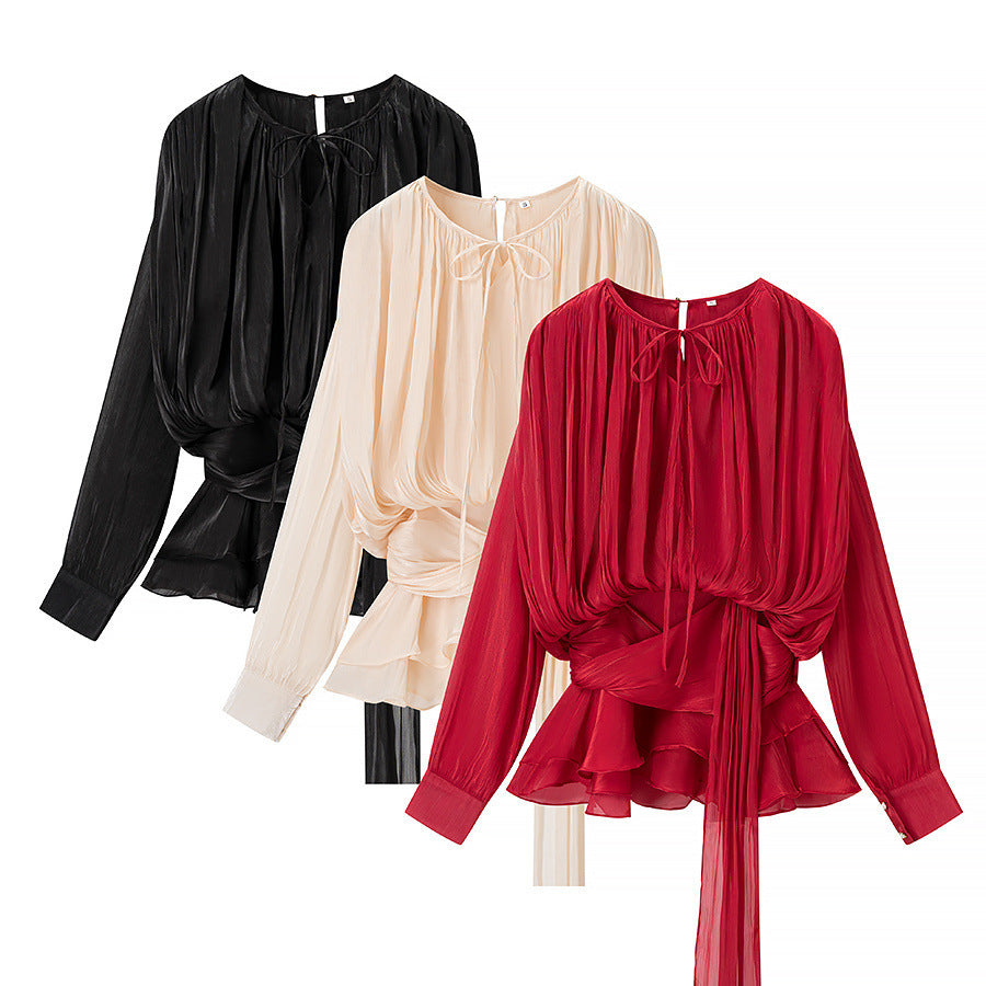 Damen Chiffon-Bluse mit drapierter Korsagen-Optik, Volant‑Peplum und Bindegürtel Shop Nory