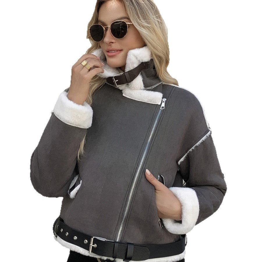 Damen Modische Kunstlederjacke mit luxuriösem Kunstfellbesatz