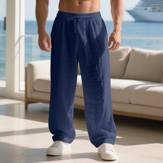 Herren lockere Sommerhose aus leichtem Leinenmaterial mit elastischem Bund und Seitentaschen
