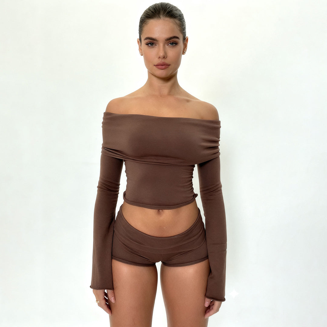 Damen nan Off-Shoulder Lounge-Set mit Langarm-Croptop und Highwaist-Shorts aus Stretchjersey Shop Nory