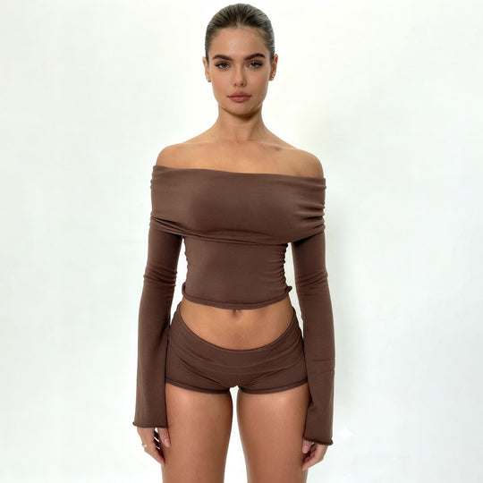 Damen nan Off-Shoulder Lounge-Set mit Langarm-Croptop und Highwaist-Shorts aus Stretchjersey Shop Nory