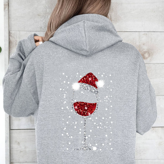Damen Oversize Kapuzenpullover mit weihnachtlichem Glitzer-Weinglas-Print Shop Nory