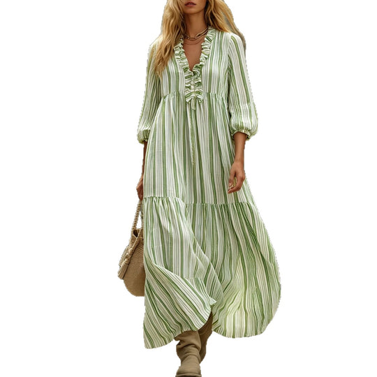 Damen Maxikleid mit Rüschen-V-Ausschnitt und Ballonärmeln Shop Nory