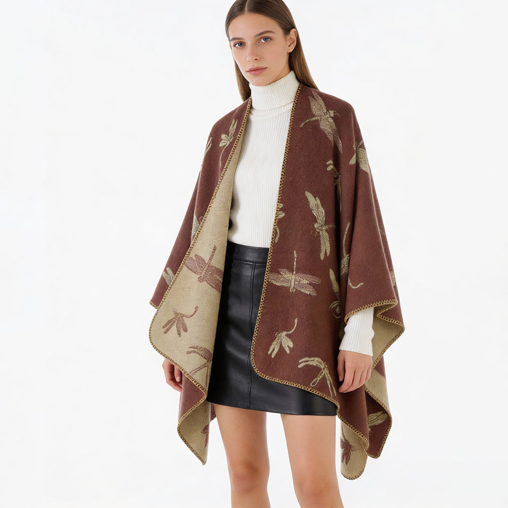 Damen Wollmix-Poncho mit Libellen-Jacquard und offenem Wasserfall-Schnitt Shop Nory