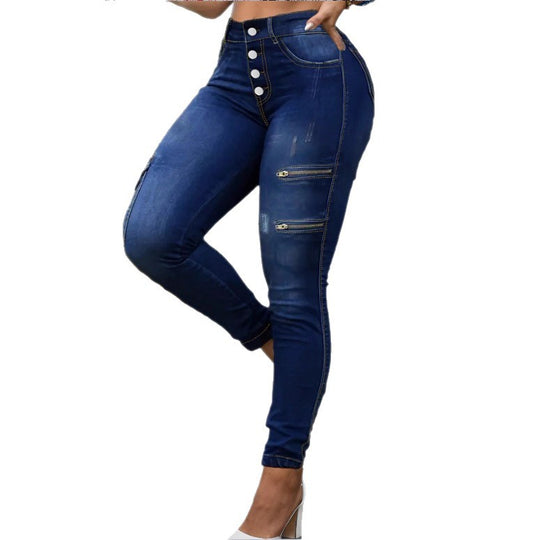 Damen Hochtaillierte Skinny-Jeans mit Cargo-Reißverschlusstaschen & Knopfverschluss Shop Nory