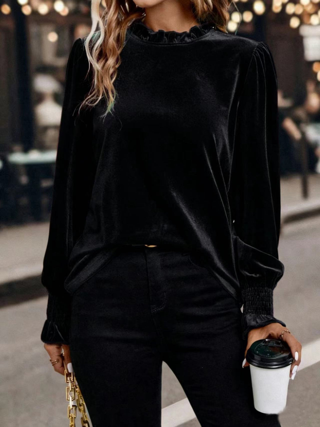 Damen Samtbluse mit Rüschenkragen, Ballonärmeln und Stretch-Smock-Bündchen Shop Nory
