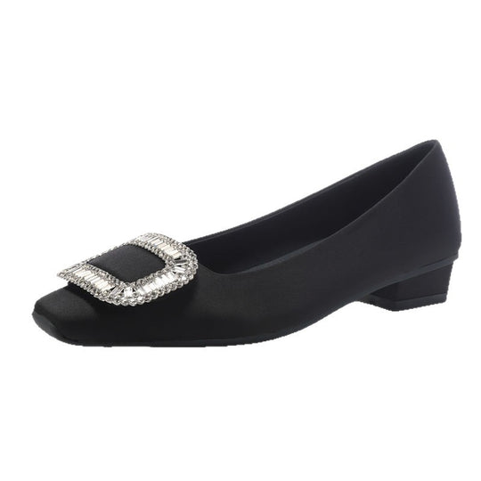 Damen Satin-Ballerinas mit quadratischer Zehenbox, mittlerem Blockabsatz und Kristallschnalle Shop Nory