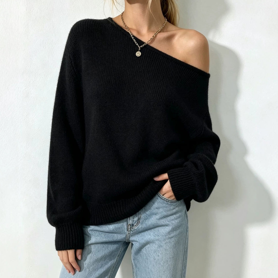 Damen Oversize Off-Shoulder Feinstrickpullover mit gerippten Bündchen Shop Nory