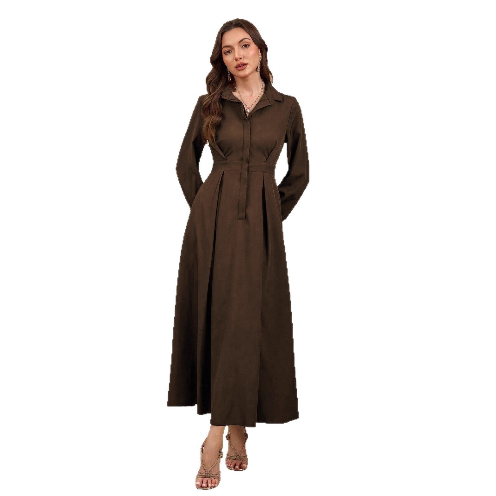 Damen Elegantes Hemdblusenkleid mit schwingendem Rock und praktischen Taschen