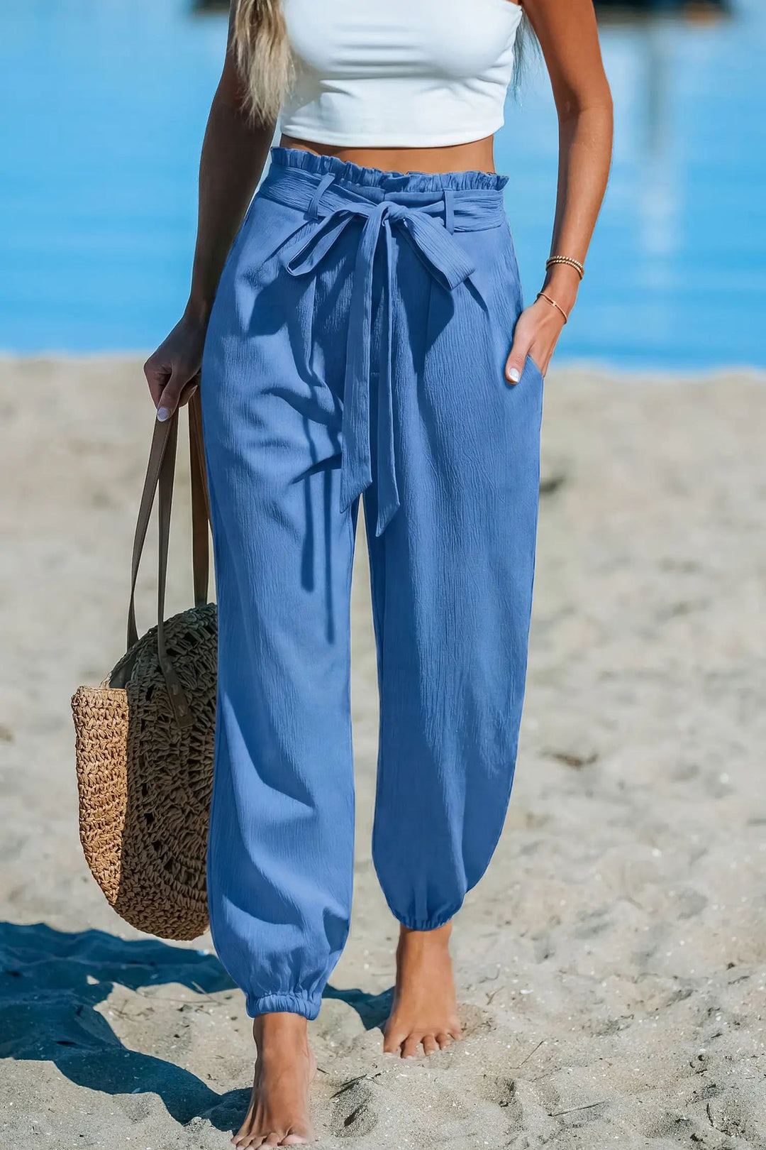 Damen Leichte Paperbag-Hochbund-Hose mit Bindegürtel, Seitentaschen und elastischen Knöchelbündchen Shop Nory