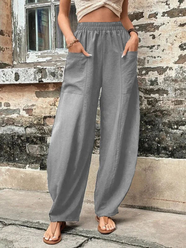Damen Weite Leinenhose mit elastischem Bund, aufgesetzten Taschen und lässigem Harem-Schnitt Shop Nory