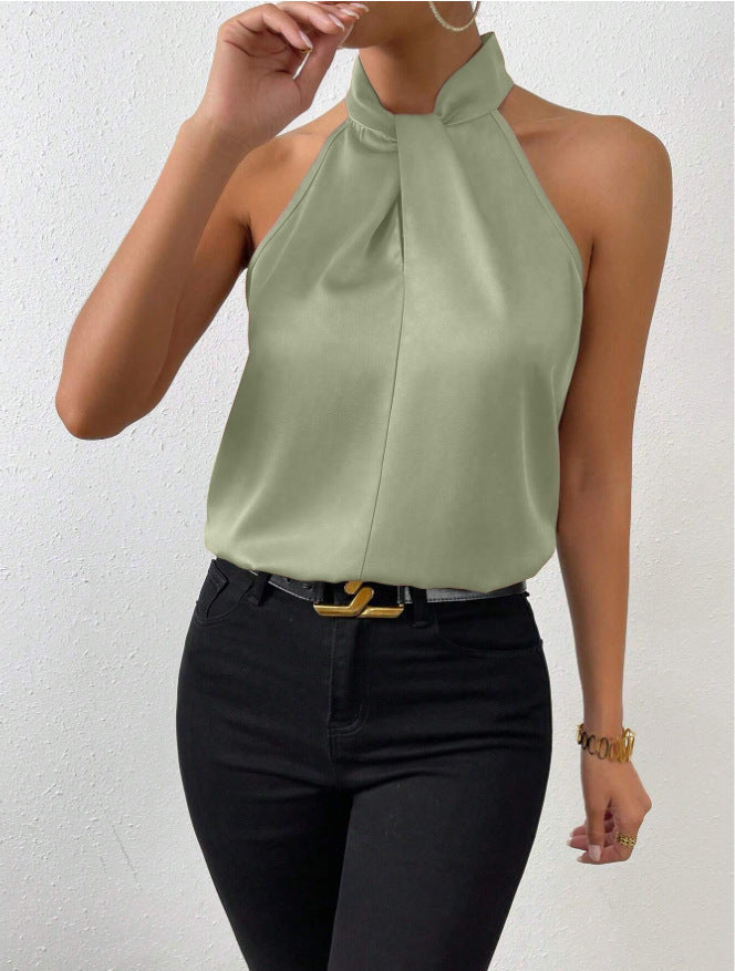 Damen Knoten Hals Stil Top Seide