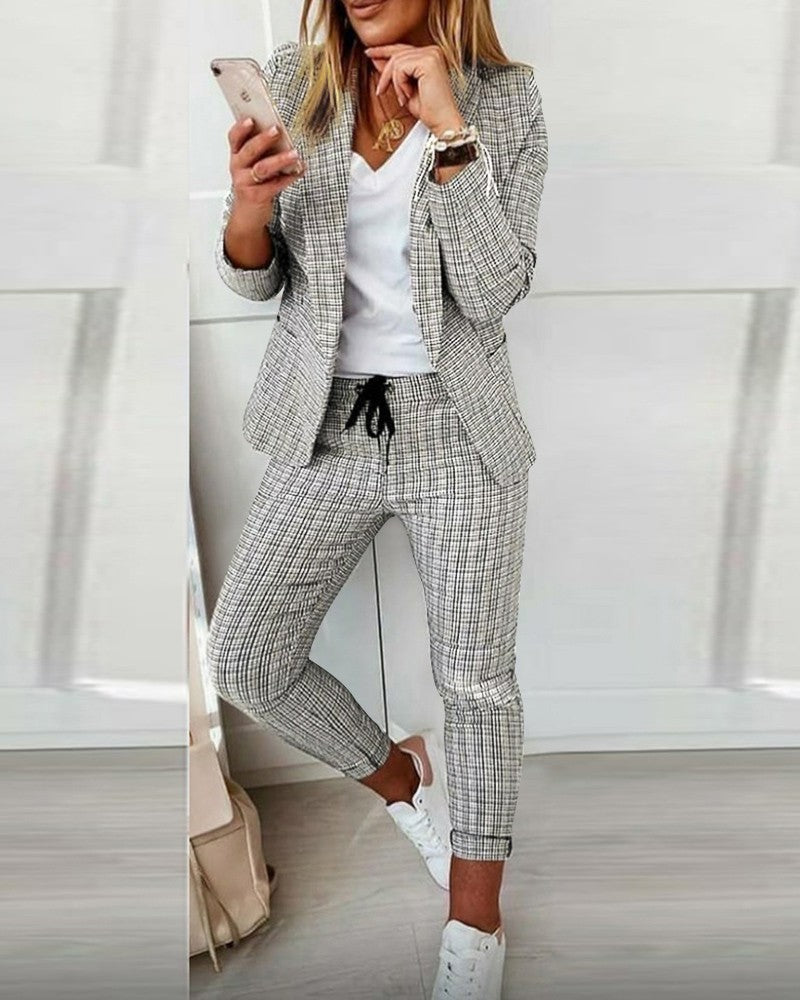 Damen nan lässig-elegantes Karozweiteiler Blazer mit Tunnelzug-Slimhose Shop Nory