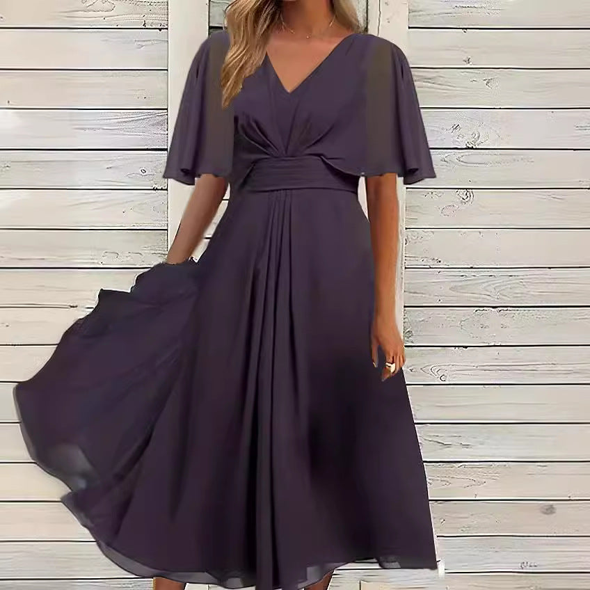Damen elegantes Maxikleid mit fließenden Ärmeln und V-Ausschnitt Shopnory