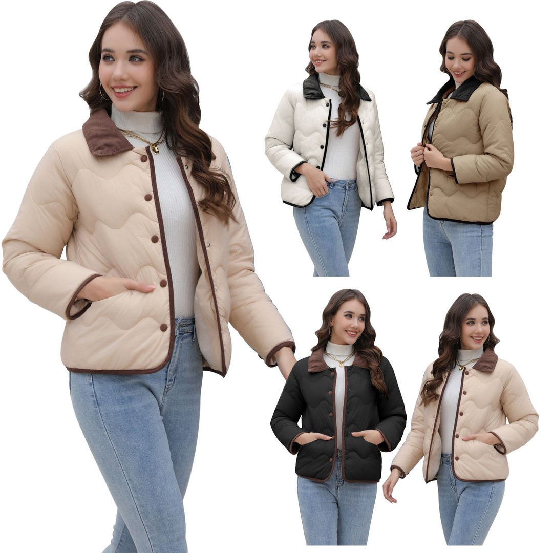 Damen Gequiltete Steppjacke mit Samtkragen und geschwungener Wellensteppung Shop Nory