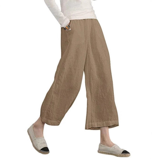 Damen weite Leinenhose mit seitlichen Taschen und elastischem Bund