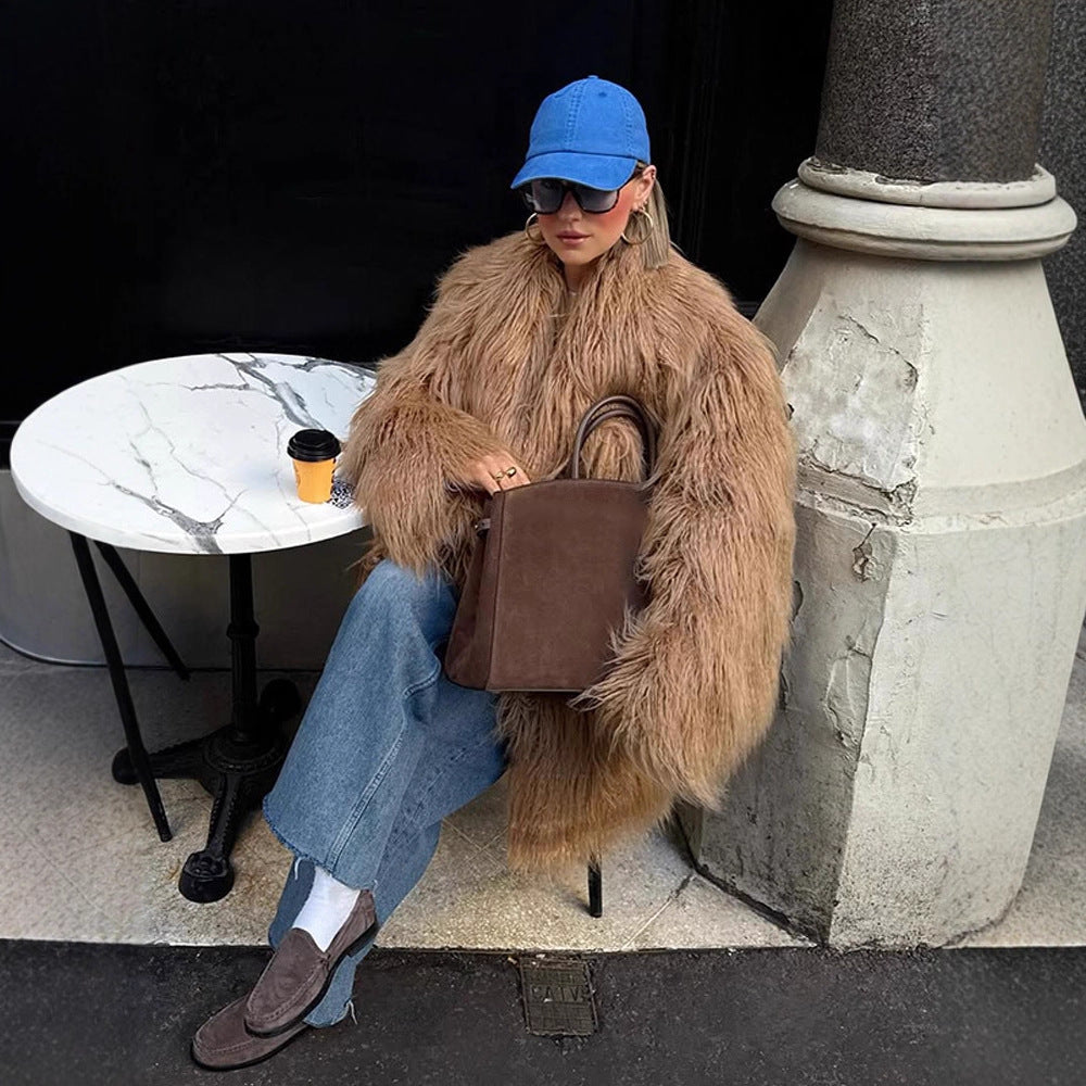 Damen Oversize Shaggy‑Kunstpelz‑Mantel mit langer Florstruktur und verdeckter Knopfleiste Shop Nory