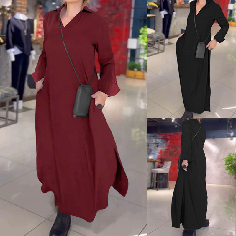 Damen Fließendes Maxikleid mit Stehkragen‑V‑Ausschnitt, langen Ärmeln und seitlichen Eingrifftaschen Shop Nory