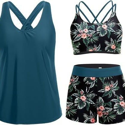 Damen Sportliches Tankini-Set mit floralem Oberteil und Shorts