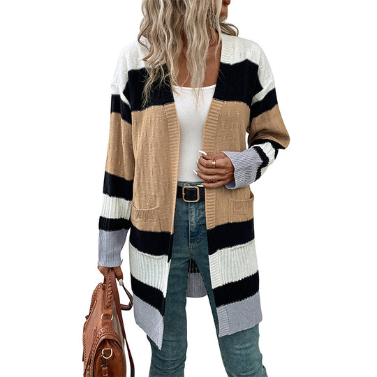 Damen Langer Gestreifter Strickcardigan mit aufgesetzten Taschen und offener Front Shop Nory