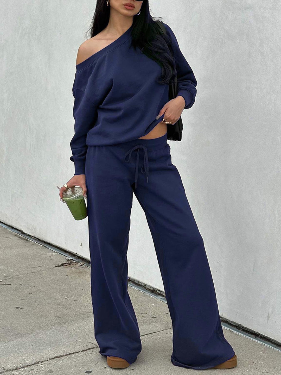 Damen Lässiges Off-Shoulder Lounge-Set aus French-Terry mit weitem Bein und Kordelzug Shop Nory