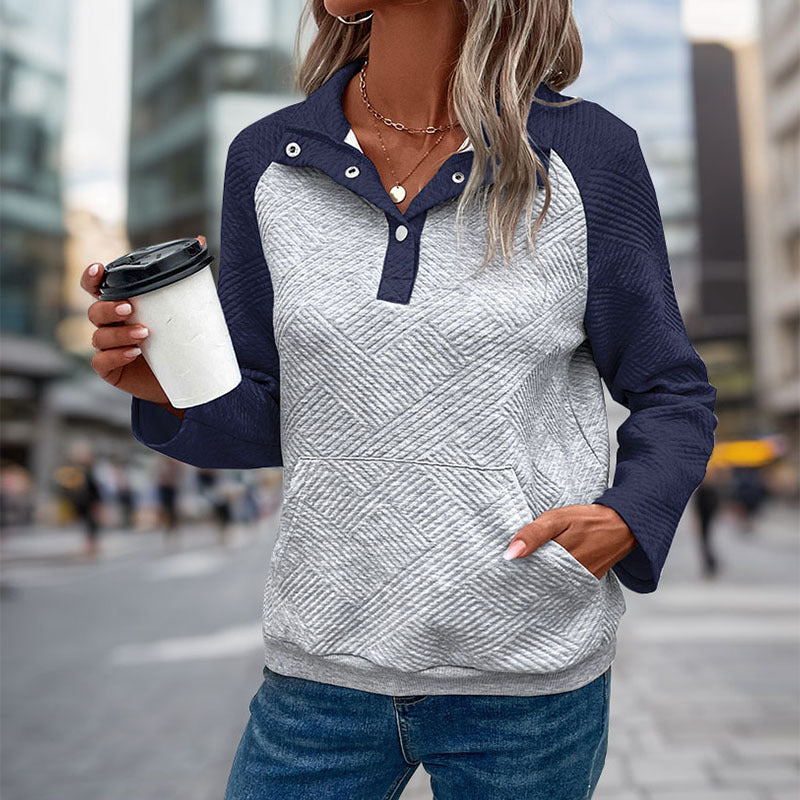 Damen Stepp-Sweatshirt mit Henley-Knopfleiste, Kängurutasche und kontrastierenden Raglanärmeln Shop Nory