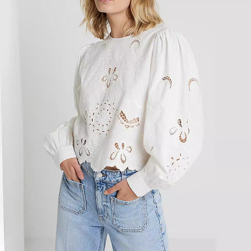 Damen Baumwollbluse mit Broderie Anglaise und Ballonärmeln Shop Nory