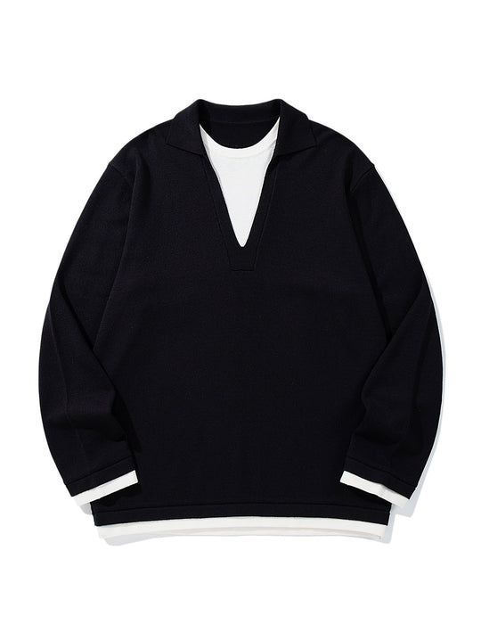 Unisex Lässiger Oversize Strickpullover mit tiefem V Einsatz und Hemd‑Layer Optik Shop Nory