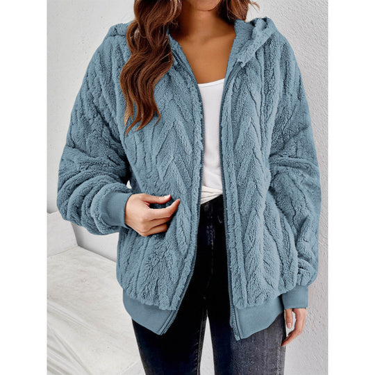 Damen Kapuzen-Teddyjacke mit Reißverschluss, weichem Plüsch und elastischem Bündchen Shop Nory