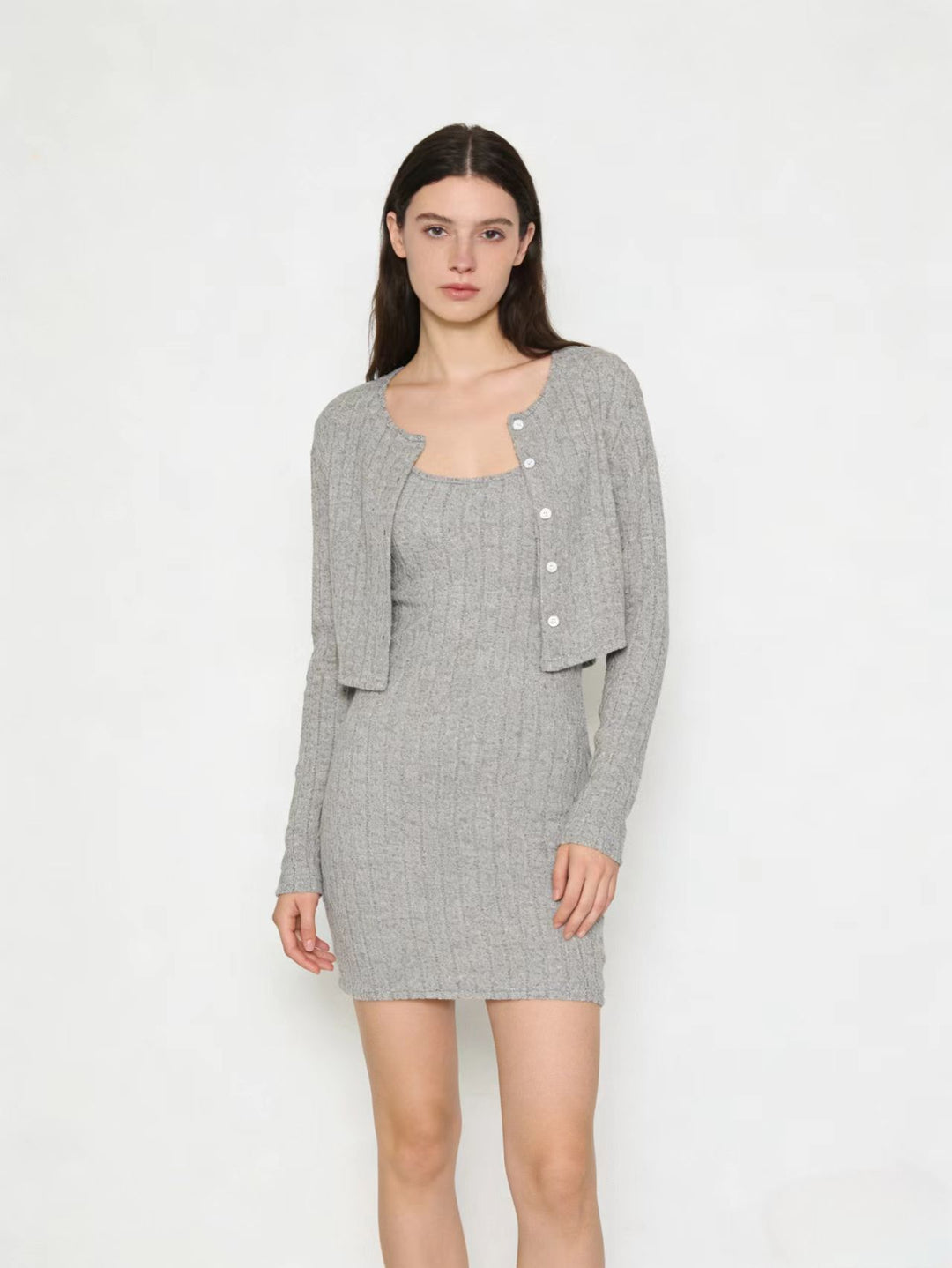Damen Geripptes Strick-Kleid mit passendem Kurzcardigan Shop Nory