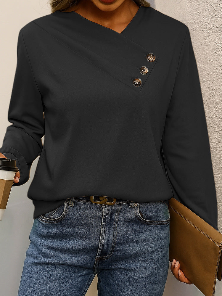 Damen Asymmetrische V-Ausschnitt Bluse mit Zierknopfleiste und Langarm Shop Nory