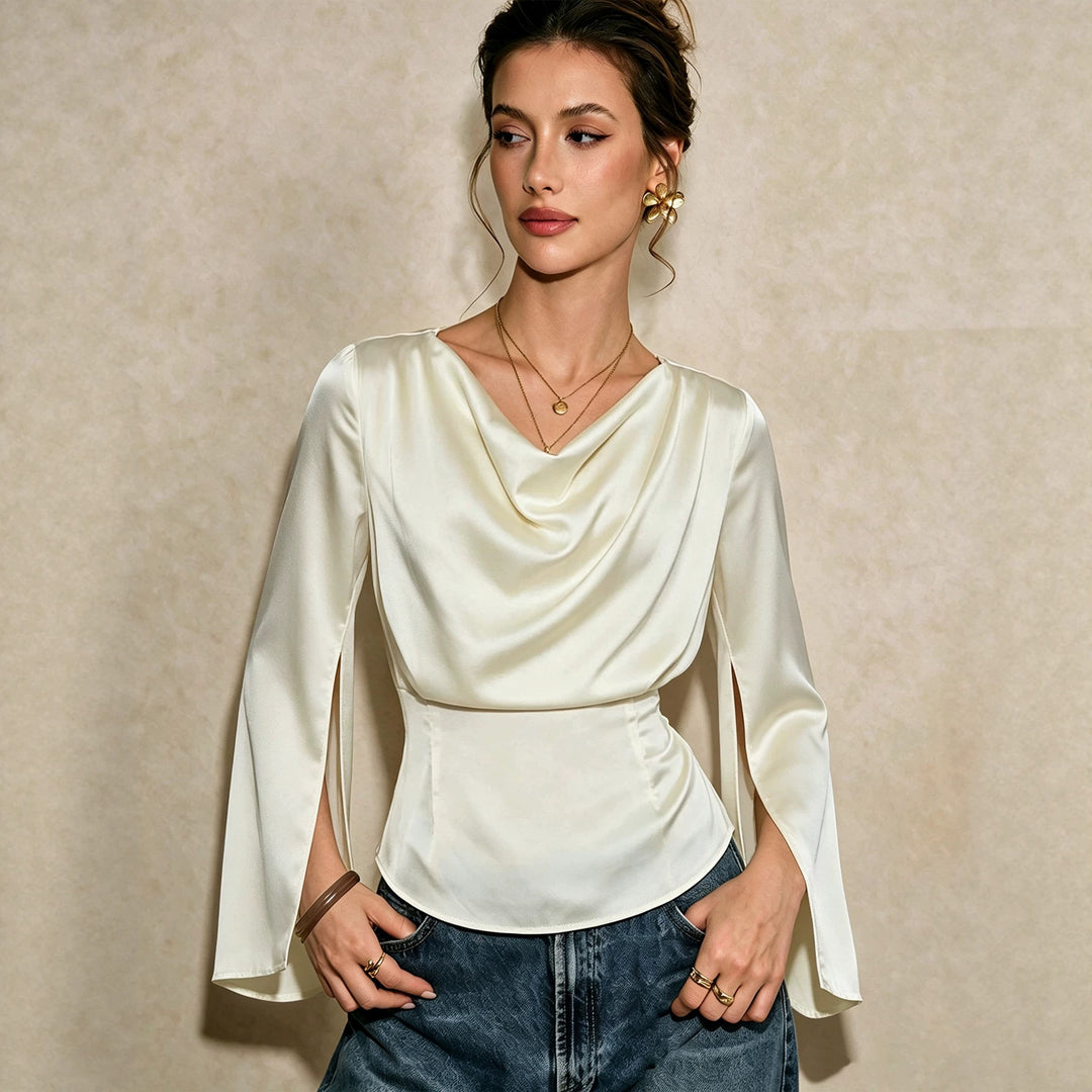 Damen elegante Satinbluse mit Wasserfallausschnitt, taillierter Silhouette und langen Ärmelschlitzen Shop Nory