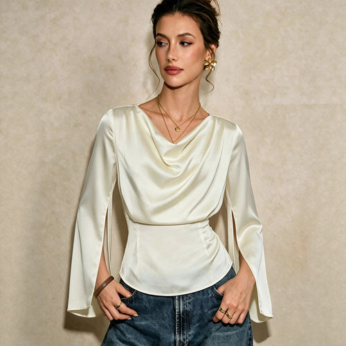 Damen elegante Satinbluse mit Wasserfallausschnitt, taillierter Silhouette und langen Ärmelschlitzen Shop Nory