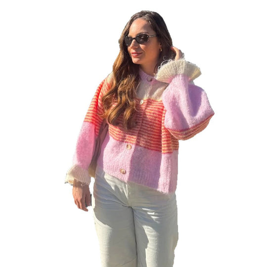 Damen Kurzer Strickcardigan aus Mohair-Mix mit Streifen, Knopfleiste und Ballonärmeln Shop Nory