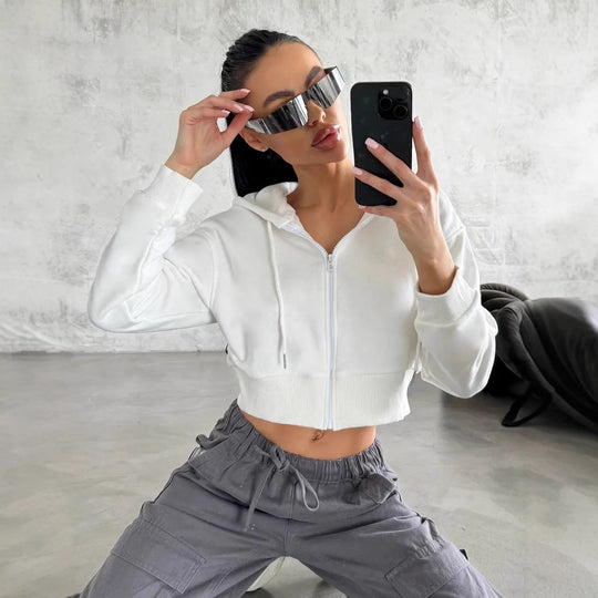 Damen Cropped Kapuzenjacke mit kurzem Reißverschluss und breitem Rippbund Shop Nory