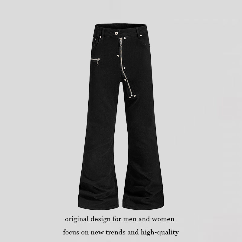 Damen Schlaghose mit hoher Taille, asymmetrischem Frontreißverschluss und Utility‑Details Shop Nory