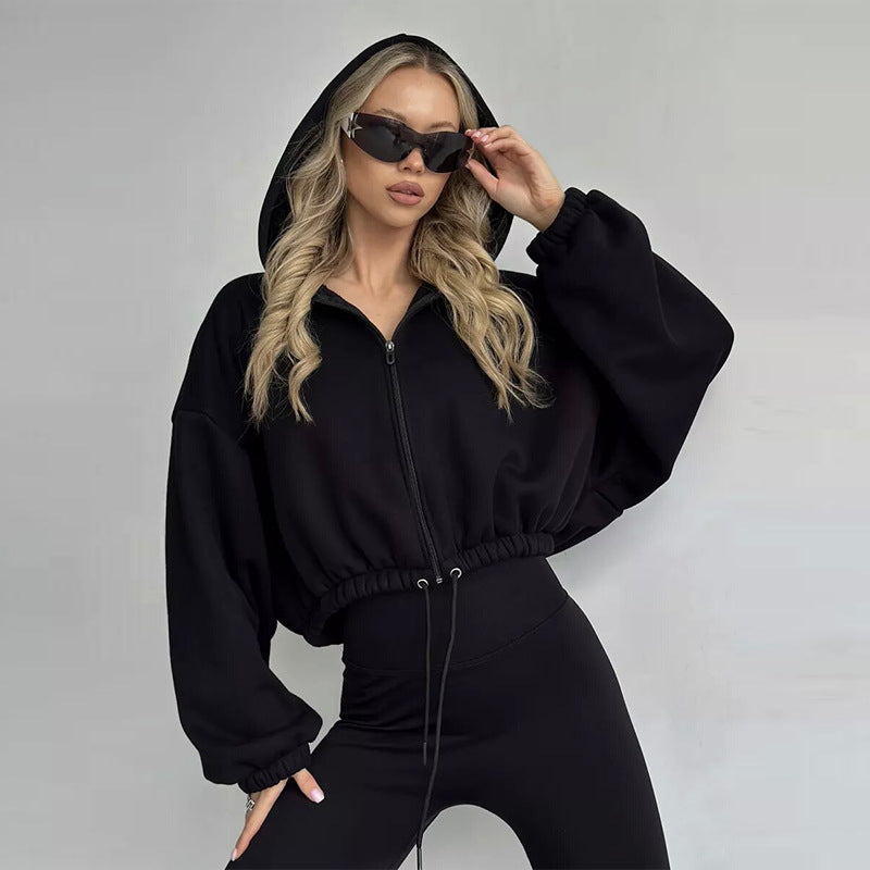 Damen Sportlicher Cropped Hoodie mit Reißverschluss und Kordelzug