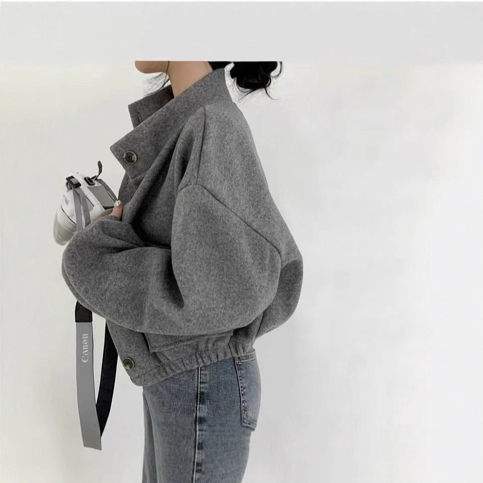 Damen Kurze Oversize-Wolloptik-Jacke mit Stehkragen und Ballonärmeln Shop Nory