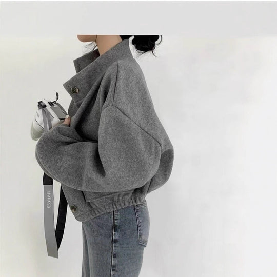 Damen Kurze Oversize-Wolloptik-Jacke mit Stehkragen und Ballonärmeln Shop Nory