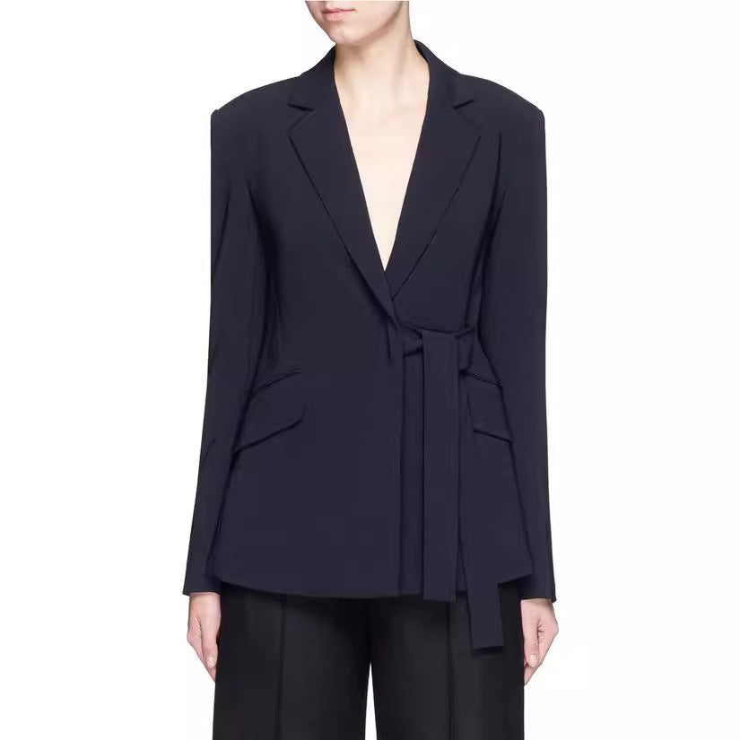Damen Schalkragen-Wickelblazer mit seitlicher Knotenbindung und Pattentaschen Shop Nory