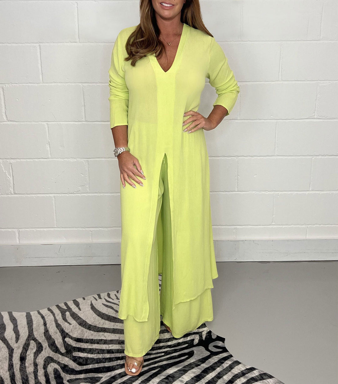 Damen Langes V‑Ausschnitt Tunika‑Kleid mit Frontschlitz und weiter Palazzohose Shop Nory