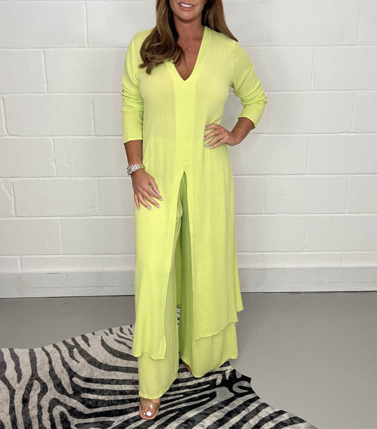 Damen Langes V‑Ausschnitt Tunika‑Kleid mit Frontschlitz und weiter Palazzohose Shop Nory