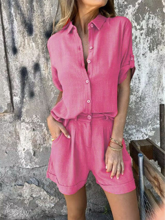 Damen Elegantes Kurzarm-Jumpsuit aus atmungsaktivem Stoff mit praktischen Taschen Shopnory