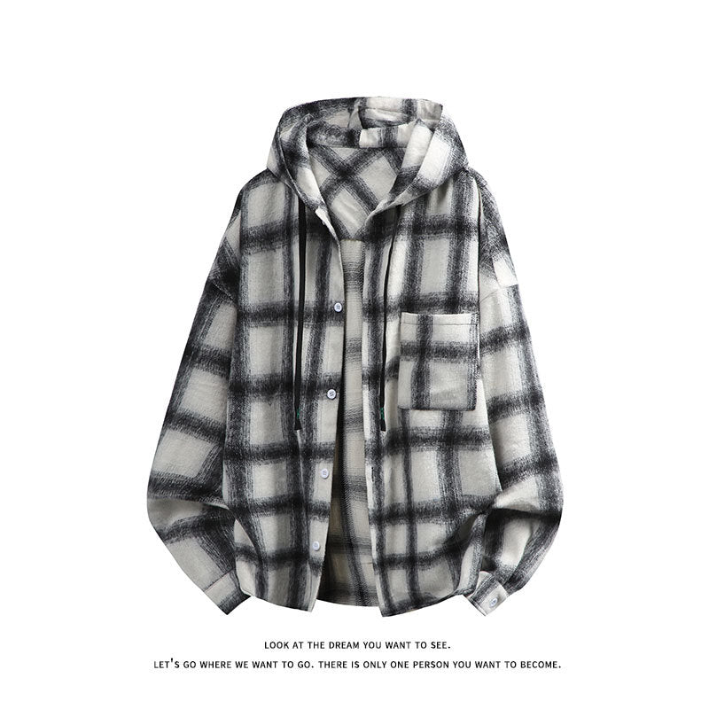 Unisex oversized Kapuzen-Hemdjacke aus Flanell mit Karomuster und Brusttasche Shop Nory